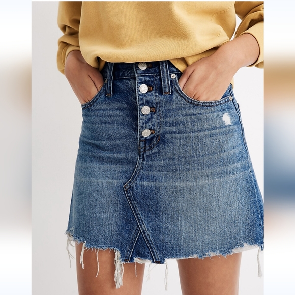 Madewell Womens Denim Miniskirt 30 Blue High Rise Raw Hem Distressed Button Fly - Picture 14 of 14